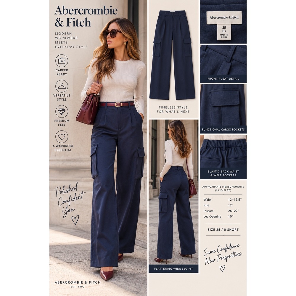 Abercrombie & Fitch Womens 25 0S Navy Blue Cargo Wide Leg Career Pleated Pants